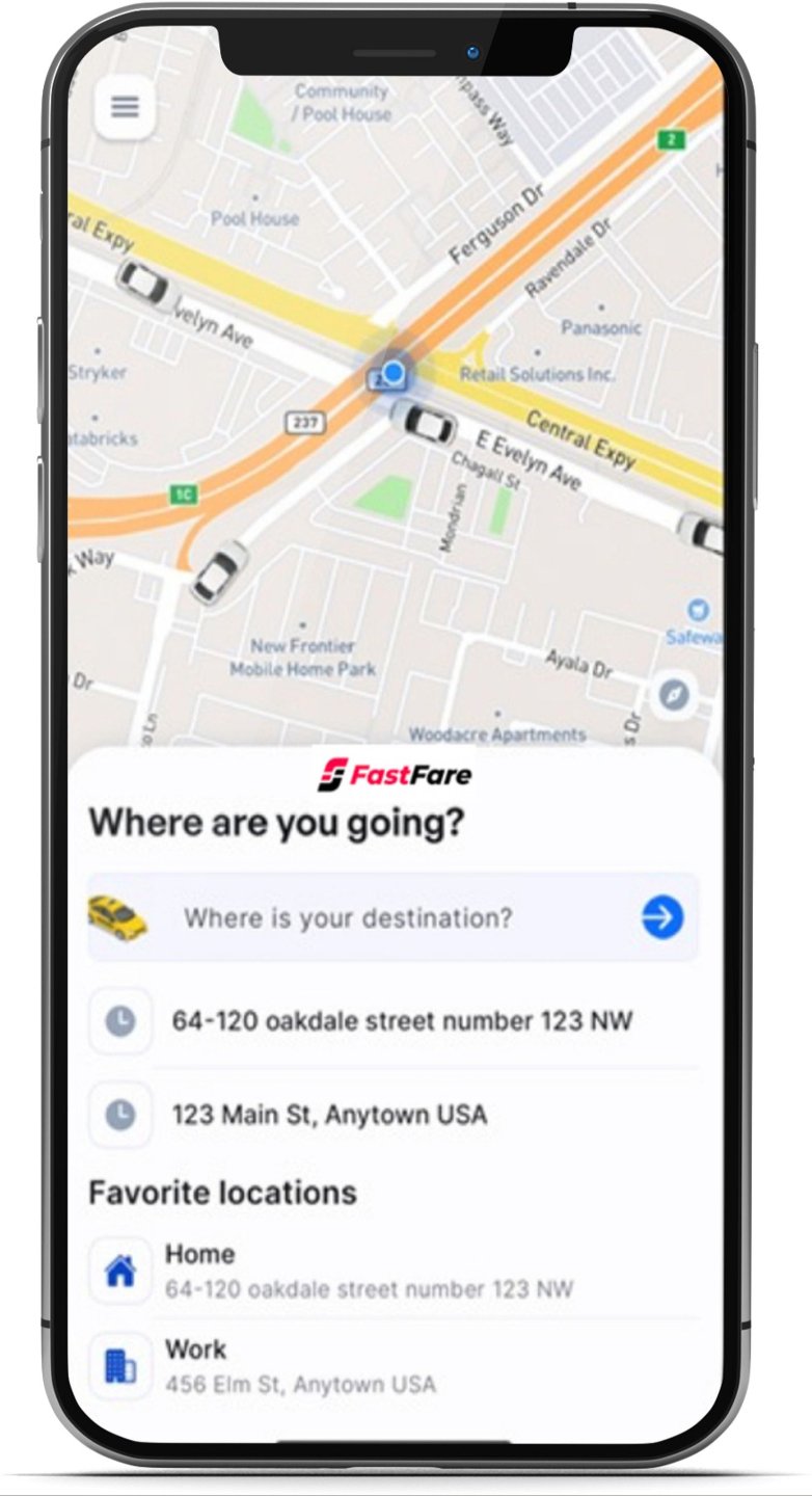 Cellphone mockup showing the FastFare app interface on screen.