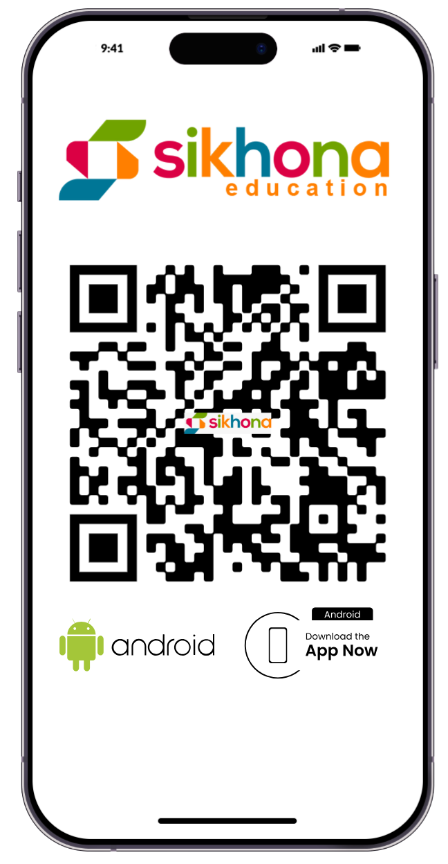 Cellphone mockup showing the Sikhona Education app interface with a QR code for downloading the app.