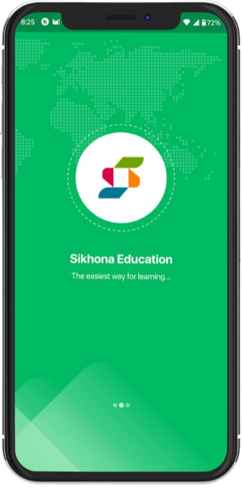 Cellphone mockup displaying the Sikhona Education app interface on screen.